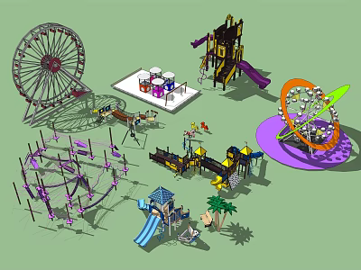 Fun Outdoor Playground Equipment With Ferris Wheel Slide Carousel Swings And Trampoline 3d model