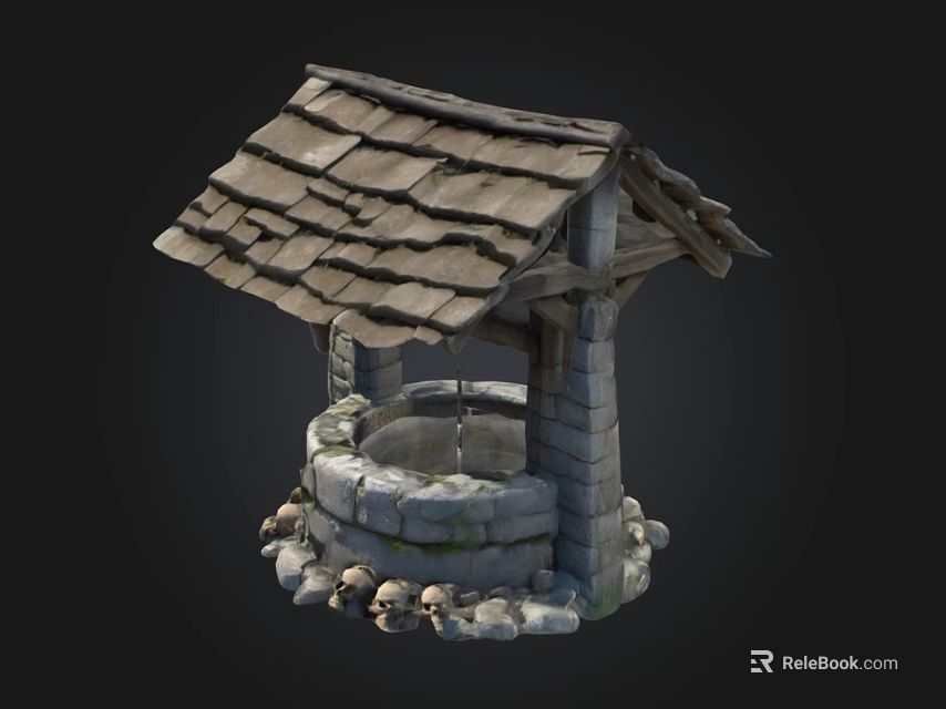 Traditional Stone Well Structure With Wooden Roof And Surrounding Stones 3d model 