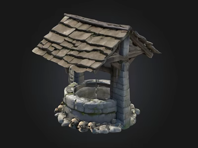 Traditional Stone Well Structure With Wooden Roof And Surrounding Stones 3d model