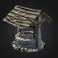 Traditional Stone Well Structure With Wooden Roof And Surrounding Stones