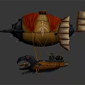 Flying Steampunk Carriage With Red Covering Balloon Front Cannon And Side Wings