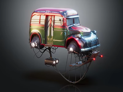 Vintage Bus Floating with Decorative Red and Green Body and Illuminated Lights on Support Structure 3d model