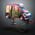 Vintage Bus Floating with Decorative Red and Green Body and Illuminated Lights on Support Structure