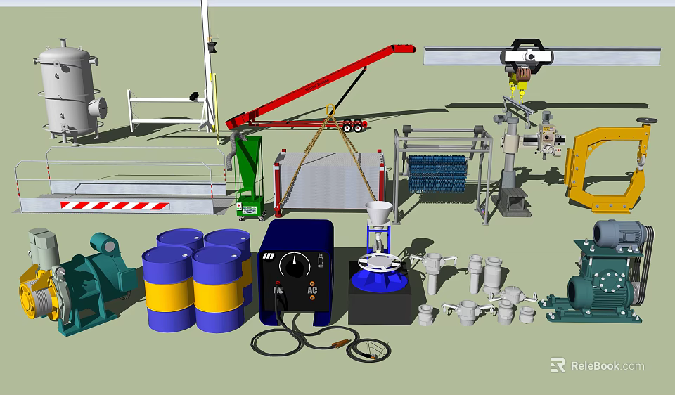 Diverse Industrial Equipment Collection Featuring Pumps Valves Storage Drums And Mechanical Arms 3d model 