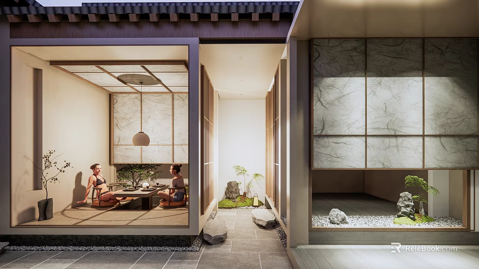 Serene Courtyard Garden With Zen Rock Features And Lush Greenery 3d model 