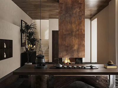 Traditional Teahouse Interior With Wooden Fireplace Tea Sets And Potted Plants 3d model
