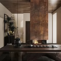 Traditional Teahouse Interior With Wooden Fireplace Tea Sets And Potted Plants