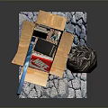 Open Cardboard Box with Nike Box Black Trash Bag on Cracked Mat