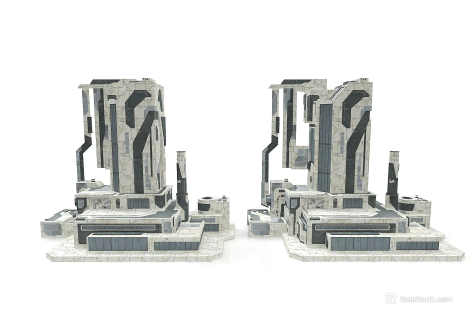 Futuristic Gray Industrial Style Architectural Models With Symmetrical Geometric Structures And Platform Base 3d model