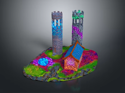 Cartoon Scene With Two Towers Small House Blue Roof Colorful Grass And Glowing Areas 3d model
