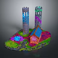 Cartoon Scene With Two Towers Small House Blue Roof Colorful Grass And Glowing Areas