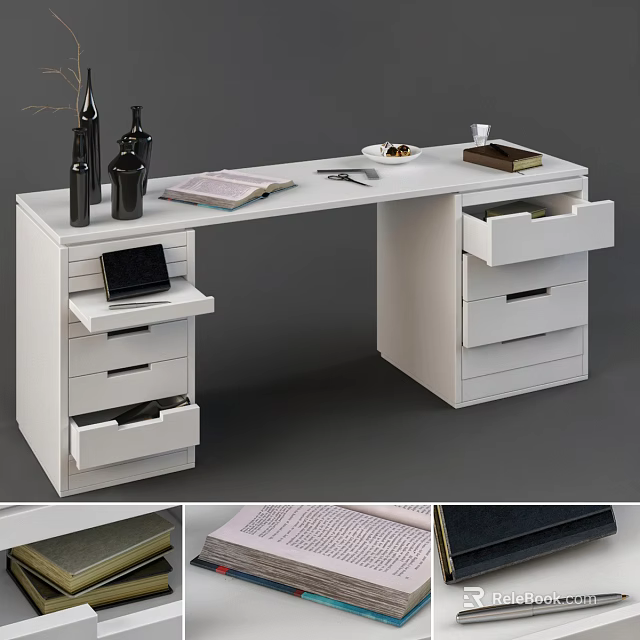 Modern White Desk With Black Bottles Open Book Notebook And Coffee Cup 3d model 