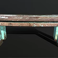 Public Wooden Bench With Weathered Peeling Paint And Blue Green Legs