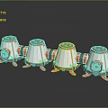 Four Sci Fi Scene Modules With White Orange Bodies Round Tops And Support Legs 3d model