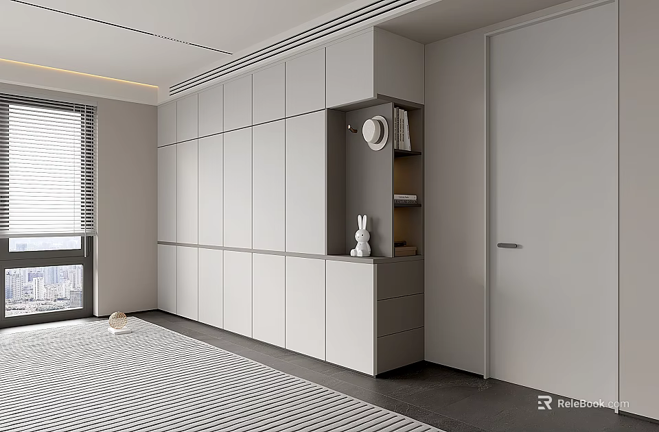 Modern White Built in Wardrobe With Whole Wall Design Round Mirror And Decor Shelf In Bedroom 3d model 
