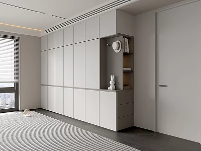 Modern White Built in Wardrobe With Whole Wall Design Round Mirror And Decor Shelf In Bedroom 3d model