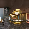 Modern Luxury Front Desk With Red Counter Round Pendant Light Marble Wall Gold Chinese Elements