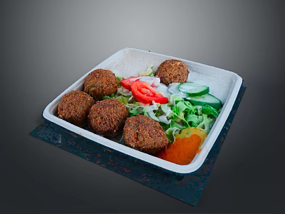 Delicious Falafel Balls With Fresh Vegetables Salad And Sauce In Square Container 3d model