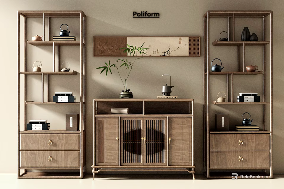 Chinese Style Wooden Antique Display Shelves With Teapots Books And Potted Plant 3d model 
