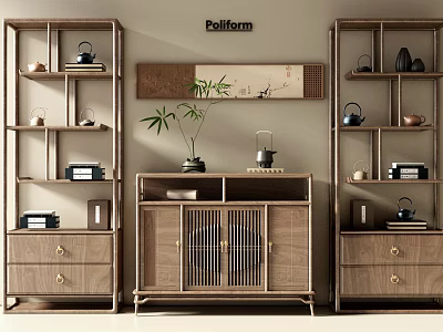 Chinese Style Wooden Antique Display Shelves With Teapots Books And Potted Plant 3d model