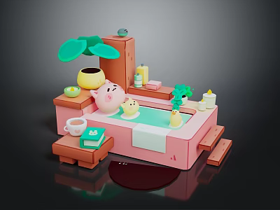 Pink Cartoon Animal Relaxing In Bathtub With Green Plant Yellow Candles Cup And Book 3d model
