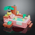 Pink Cartoon Animal Relaxing In Bathtub With Green Plant Yellow Candles Cup And Book