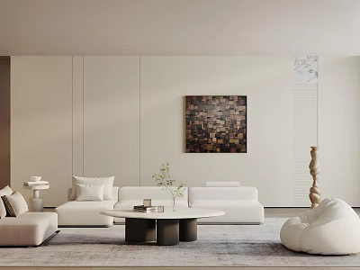 Modern Living Room Interior With Beige Walls Collage Artwork White Sofa And Round Coffee Table 3d model