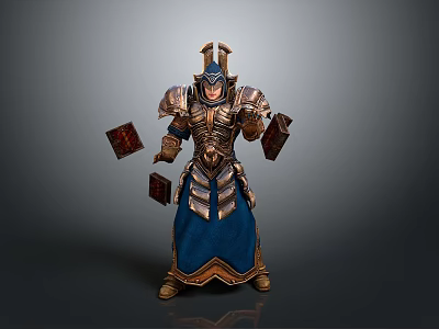 3D Mythical Armored Character Wearing Blue Robe With Gold Silver Armor Holding Tomes 3d model