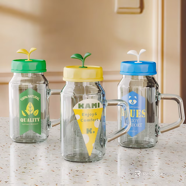 Transparent Glass Tableware Set With Colorful Lids Various Patterns And Handles 3d model 