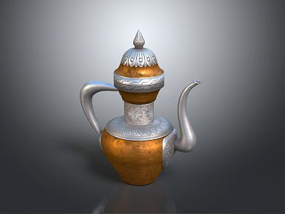 Copper Teapot Featuring Silver Decorations Decorative Patterns Spire On Lid Curved Spout And Handle 3d model