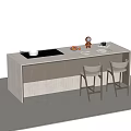 Modern Bar Counter With Vertical Slats Light Wood Top Featuring Cooktop Fruits And Bar Stools