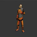 Game Character In Orange And Gray Armored Suit With Glasses Standing Pose
