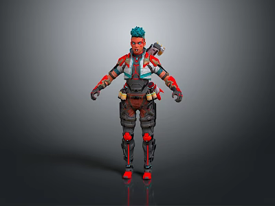 3D Rendered Game and Movie Character with Teal Hair Red Black Armor and Gear 3d model
