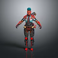 3D Rendered Game and Movie Character with Teal Hair Red Black Armor and Gear