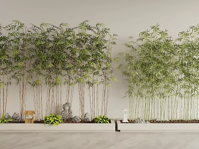 Lush Green Bamboo Plants With Stone Ornaments Small Lantern And Decorative Rocks 3d model