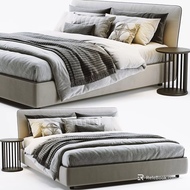 Modern Upholstered Double Bed With Soft Bedding Decorative Pillows And Nightstand 3d model 