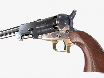 Classic Revolver Firearm With Black Barrel Golden Components And Wooden Grip 3d model