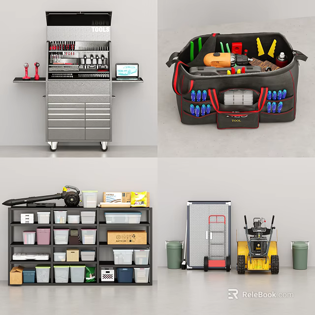 Essential Hardware Tools With Tool Cart Storage Bag Bins And Organizer Shelves 3d model 