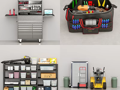 Essential Hardware Tools With Tool Cart Storage Bag Bins And Organizer Shelves 3d model