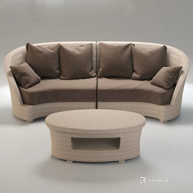 Curved Beige Wicker Sectional Sofa With Dark Brown Cushions And Matching Round Coffee Table 3d model 