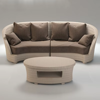 Curved Beige Wicker Sectional Sofa With Dark Brown Cushions And Matching Round Coffee Table 3d model