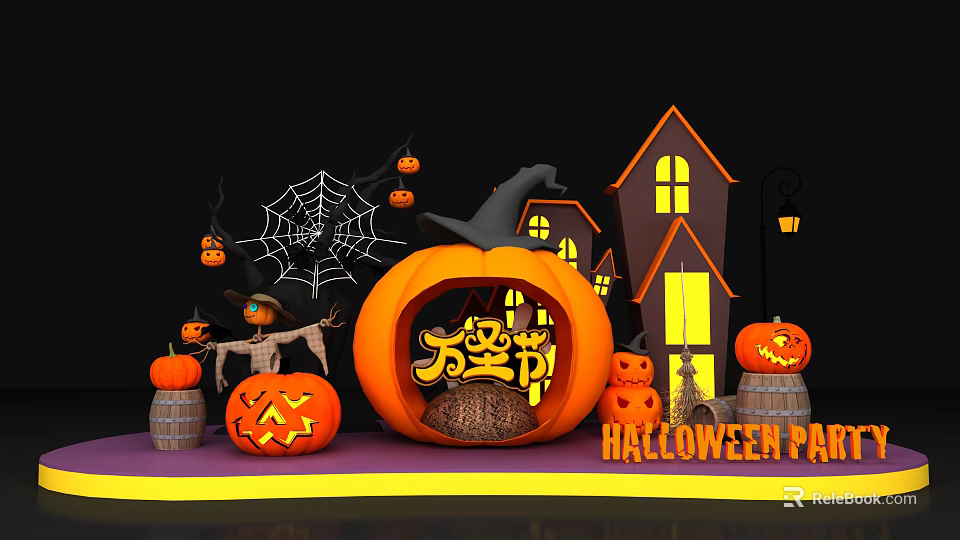 Halloween Party Decorations With Pumpkins Witch Hat Spider Web And House Models 3d model