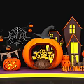 Halloween Party Decorations With Pumpkins Witch Hat Spider Web And House Models 3d model