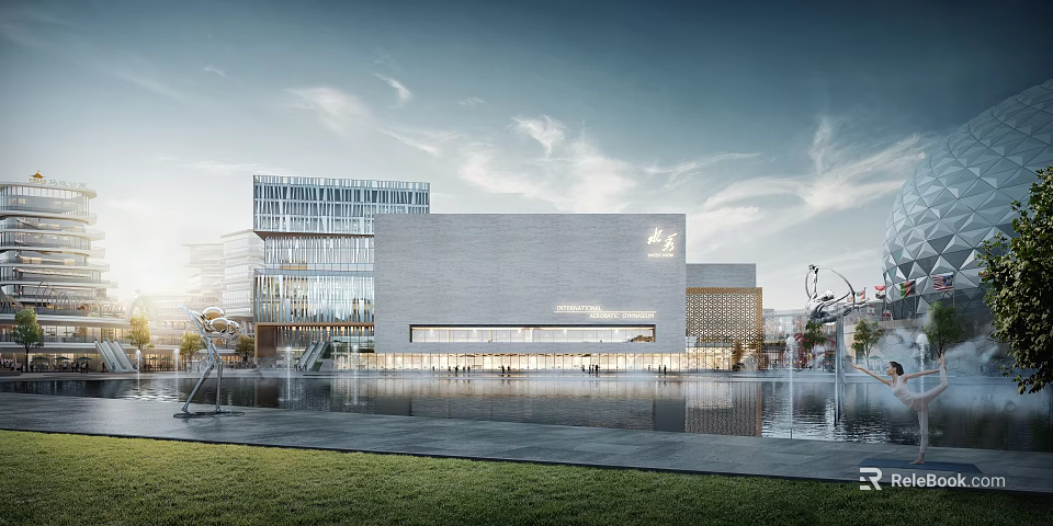 Modern Library Building With Glass Curtain Wall Reflective Pool Lawn Sculpture And Blue Sky 3d model 