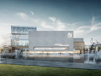 Modern Library Building With Glass Curtain Wall Reflective Pool Lawn Sculpture And Blue Sky 3d model
