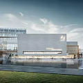 Modern Library Building With Glass Curtain Wall Reflective Pool Lawn Sculpture And Blue Sky