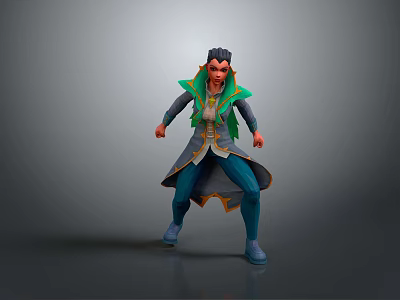 Game Movie Character In Green Collar Cape Gray Coat Blue Pants Dynamic Standing Pose 3d model