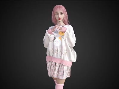 Woman With Pink Hair In White Sweatshirt And Pink Plaid Skirt With Cartoon Graphic 3d model