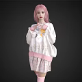 Woman With Pink Hair In White Sweatshirt And Pink Plaid Skirt With Cartoon Graphic