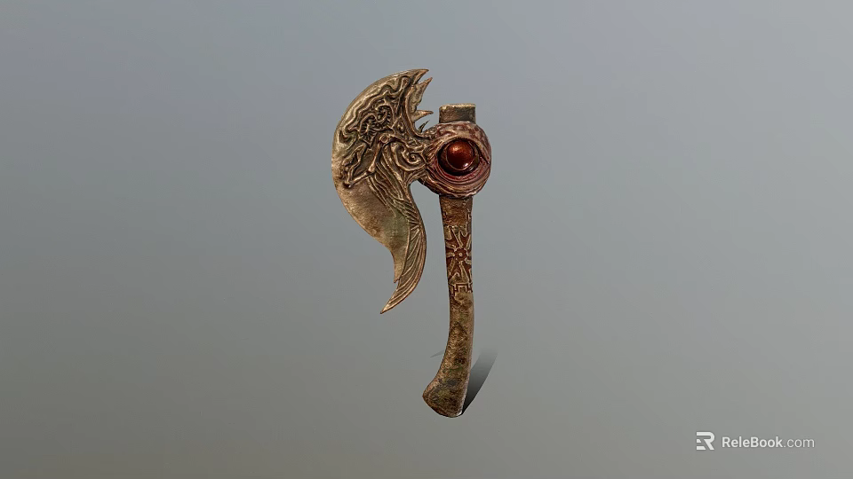 Decorative Axe with Intricate Carved Patterns Red Gemstone on Head and Ornate Handle Design 3d model 